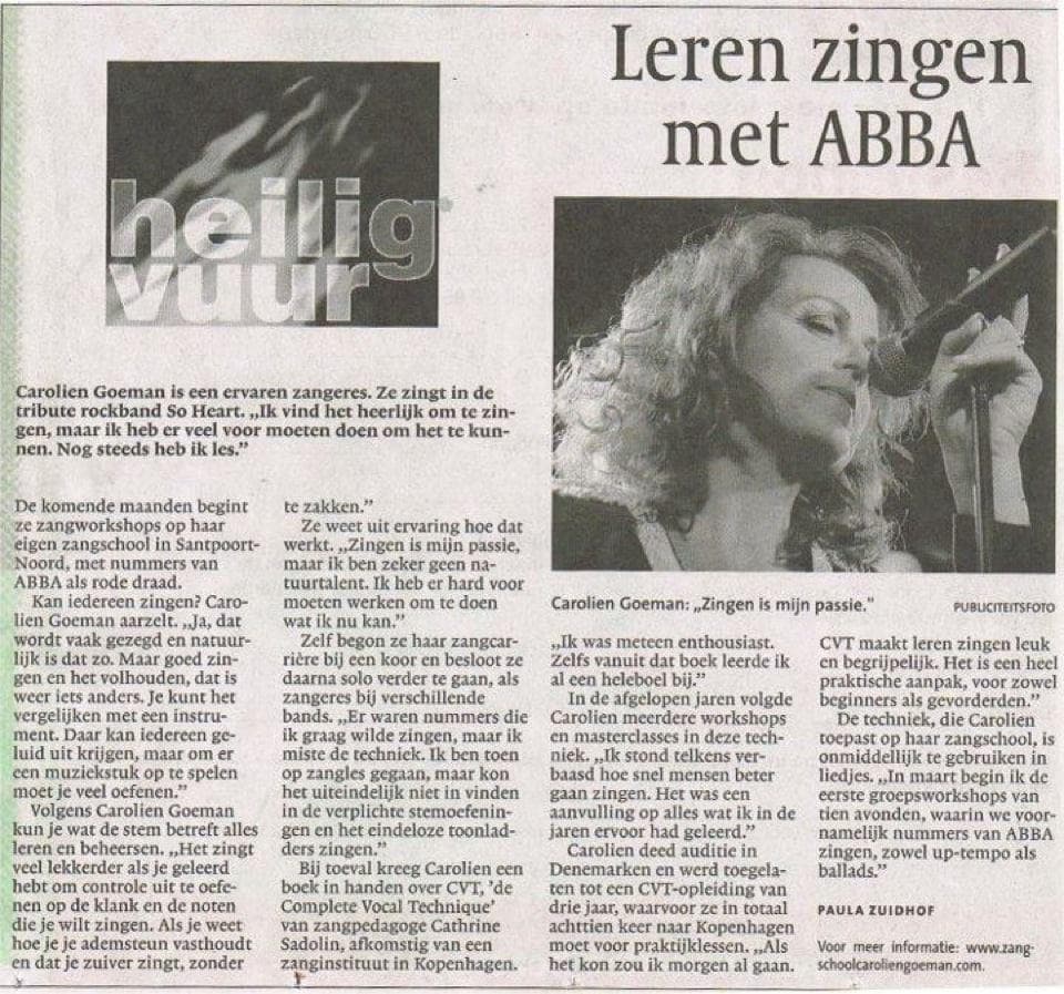 Krantenartikel uit het Haarlems Dagblad, september 2012 — 'Leren zingen met ABBA'